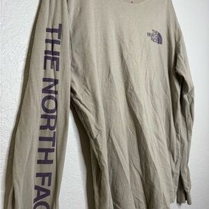The North Face Long Sleeve Tee in Khaki with Purple Logo and Sleeve Text